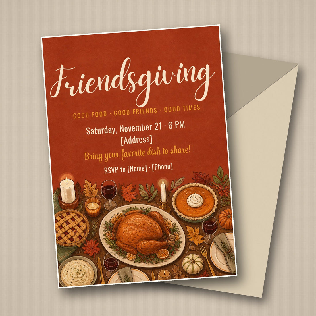 Friendsgiving potluck invitation with an illustrated harvest table