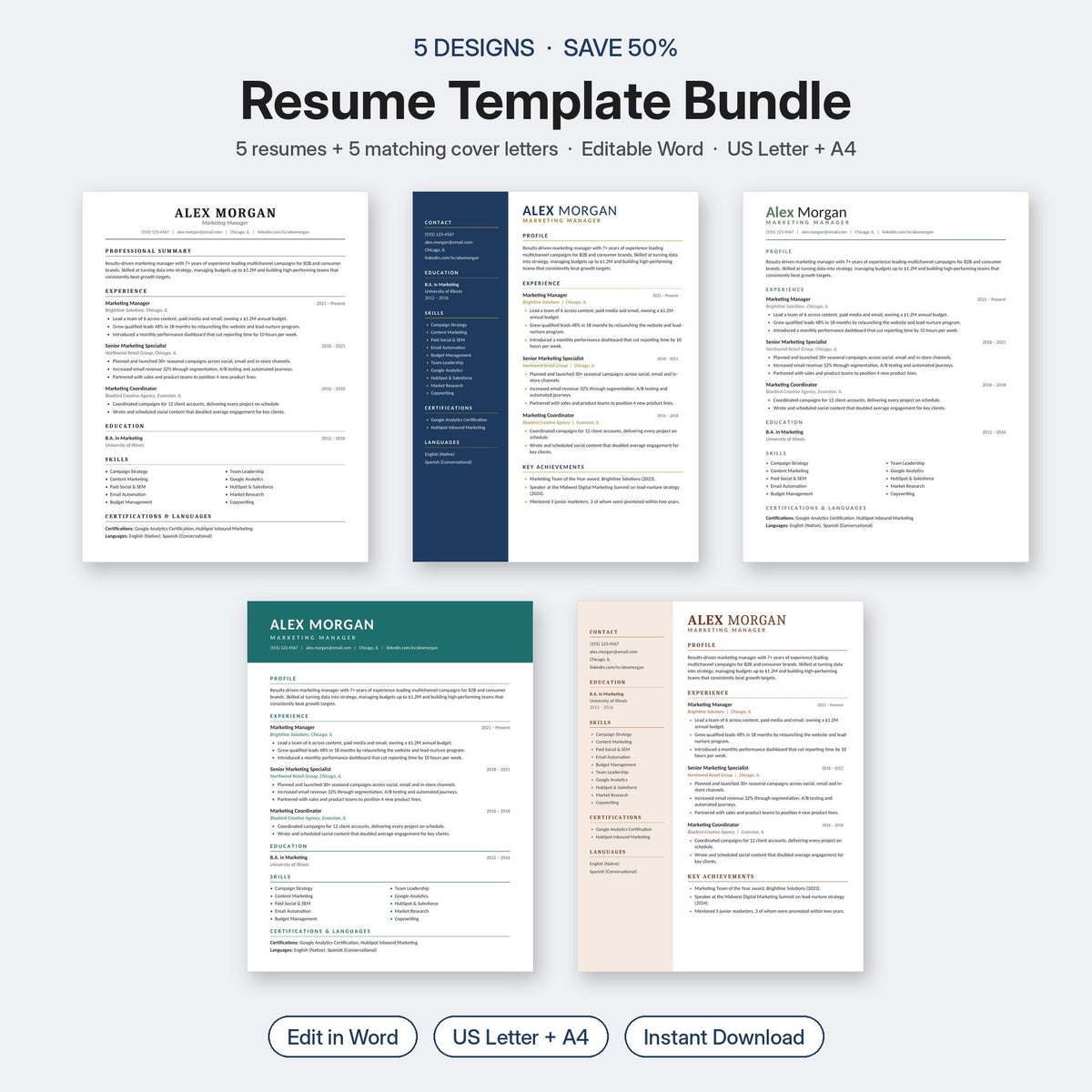 Five editable resume templates with matching cover letters