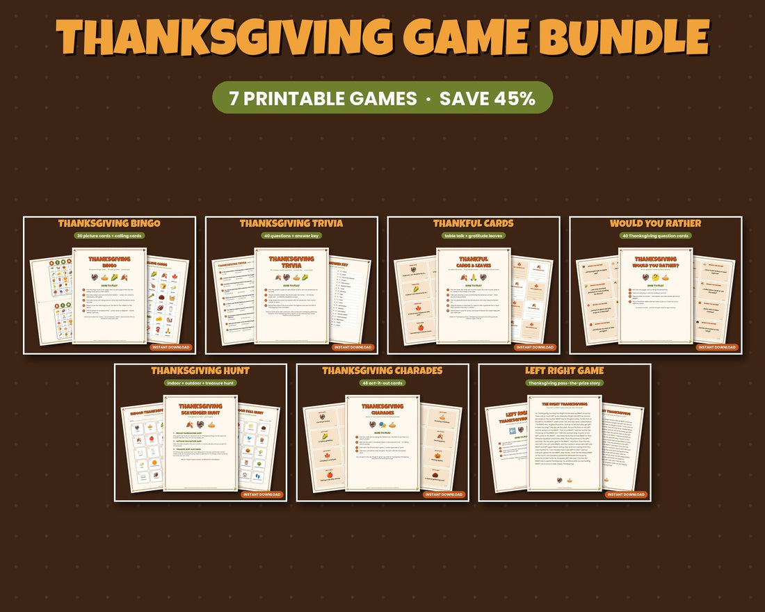 Printable Thanksgiving game bundle with bingo, trivia and charades