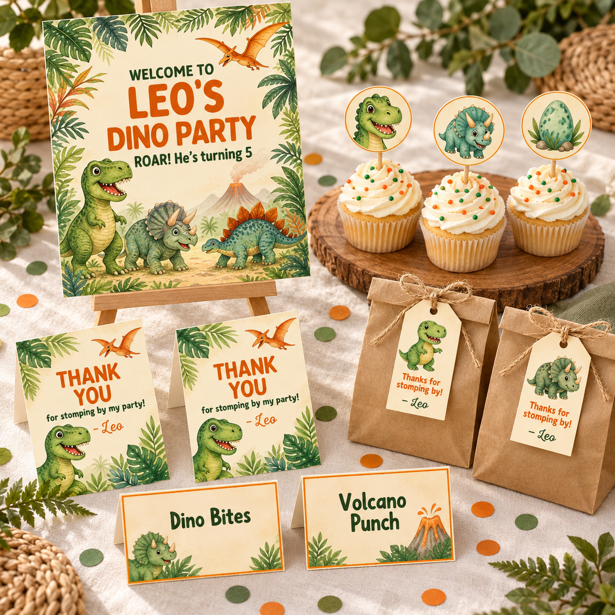 Dinosaur birthday party printables with welcome sign, cupcake toppers, food labels and favor tags