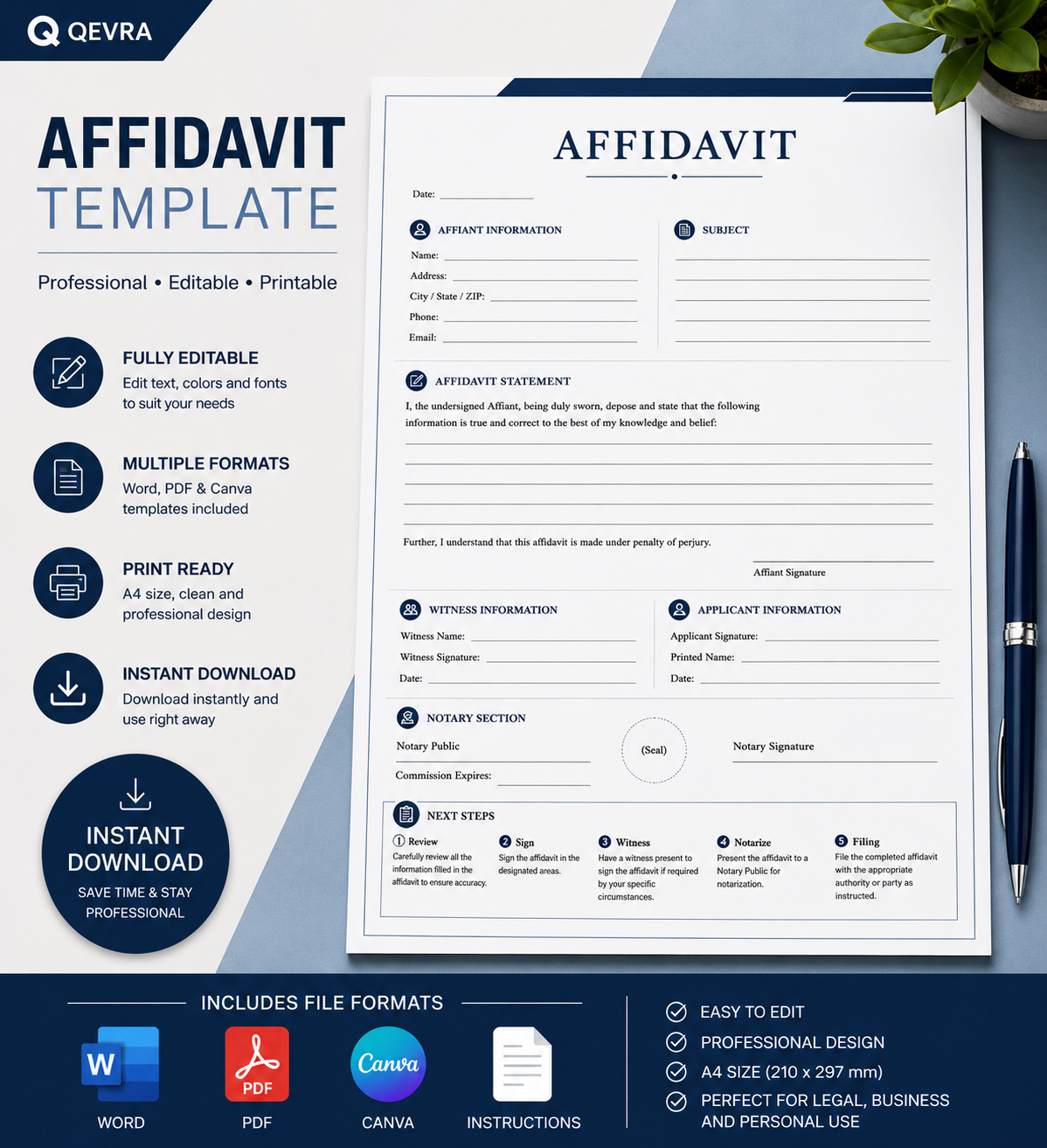 Affidavit Template | Editable Word, PDF & Canva