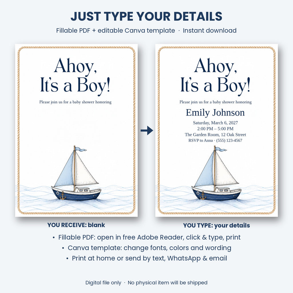 Ahoy It's a Boy Nautical Baby Shower Invitation – Fillable PDF & Editable Canva Template