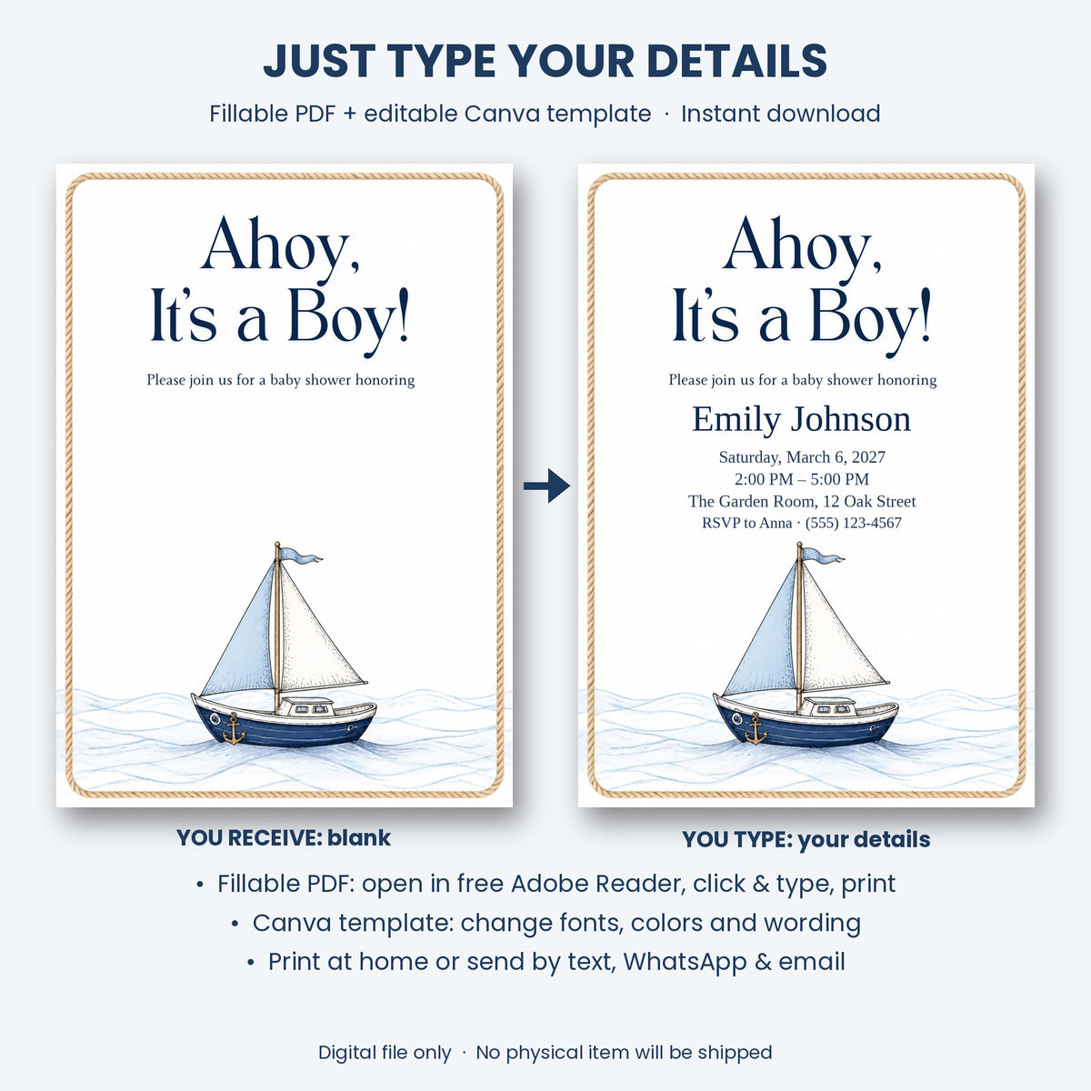 Ahoy It's a Boy Nautical Baby Shower Invitation – Fillable PDF & Editable Canva Template
