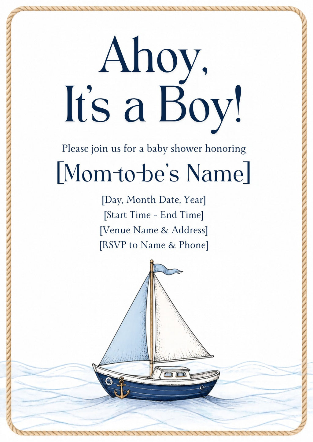 Ahoy It's a Boy Nautical Baby Shower Invitation – Fillable PDF & Editable Canva Template