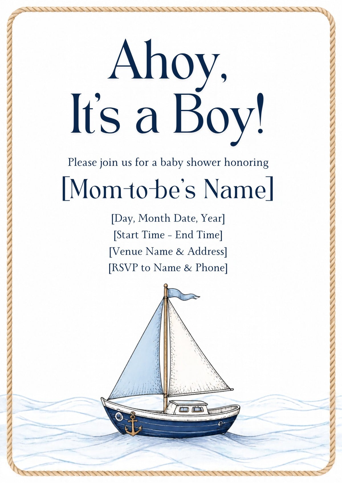 Ahoy It's a Boy Nautical Baby Shower Invitation – Fillable PDF & Editable Canva Template