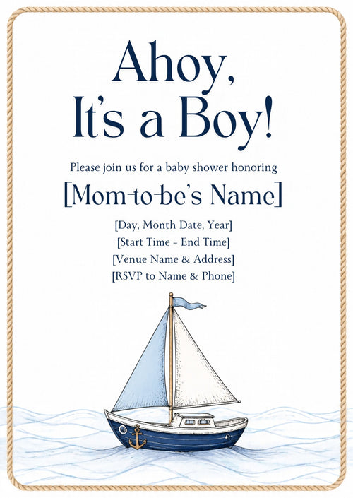Ahoy It's a Boy Nautical Baby Shower Invitation – Fillable PDF & Editable Canva Template