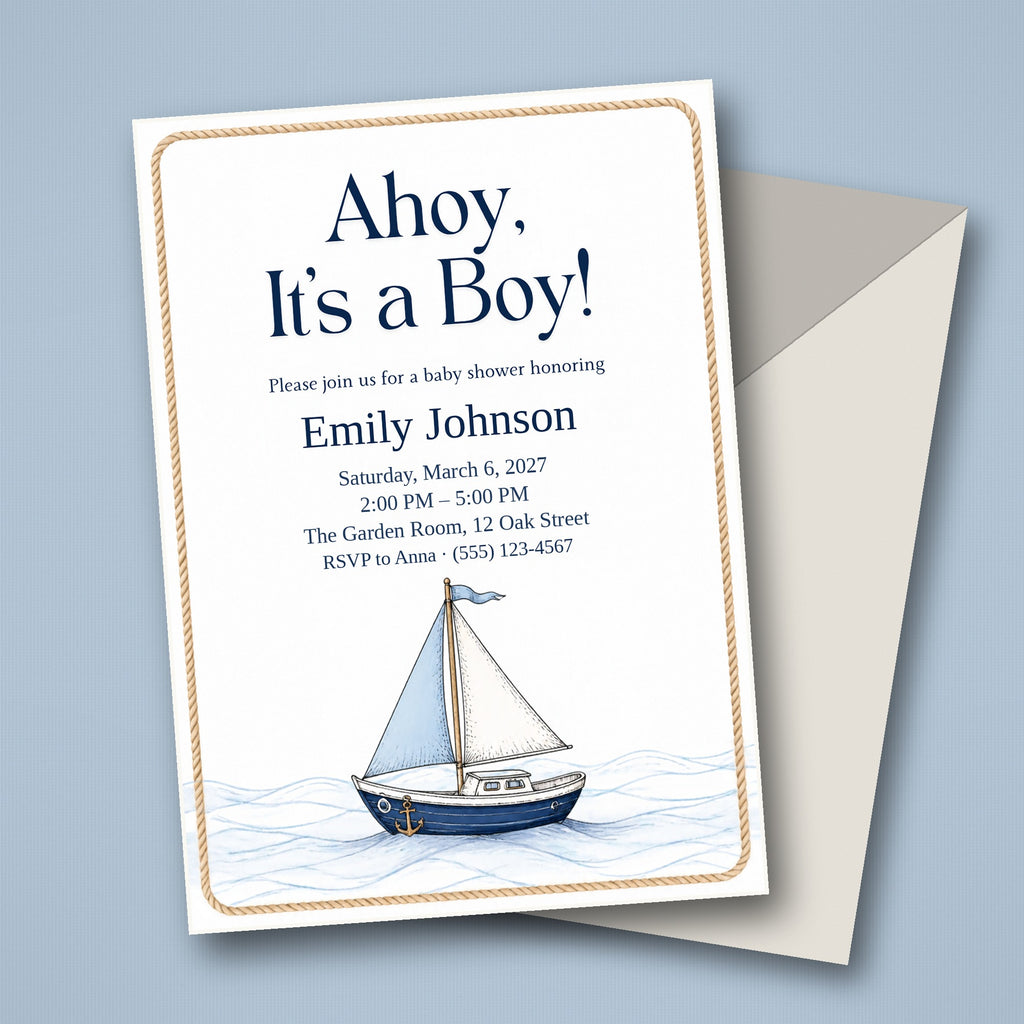 Ahoy It's a Boy Nautical Baby Shower Invitation – Fillable PDF & Editable Canva Template
