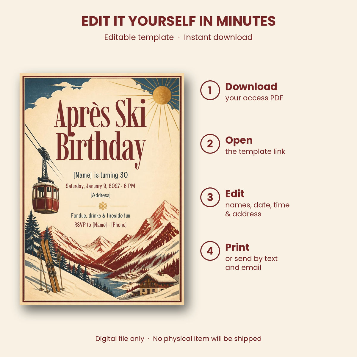 Apres Ski Birthday Party Invitation – Editable Canva Template