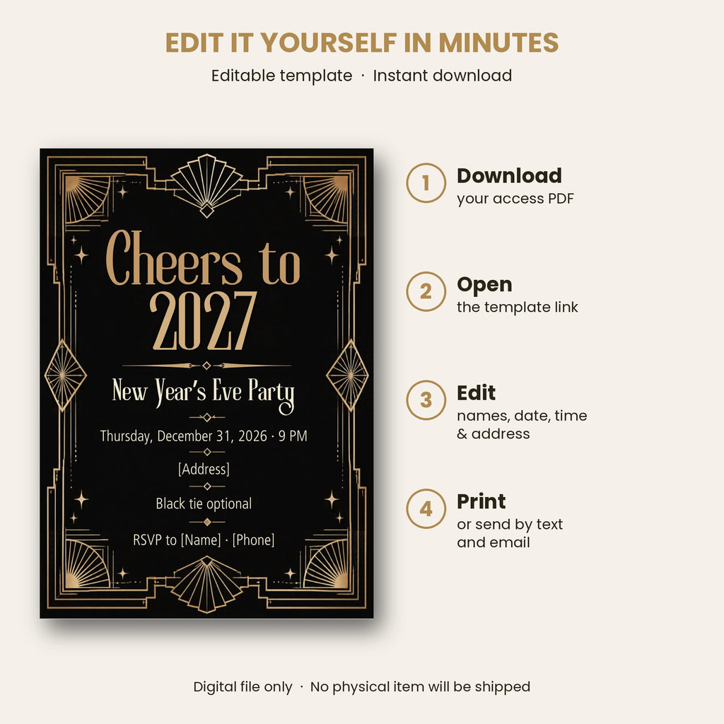 Cheers to 2027 Art Deco New Year's Eve Invitation – Editable Canva Template