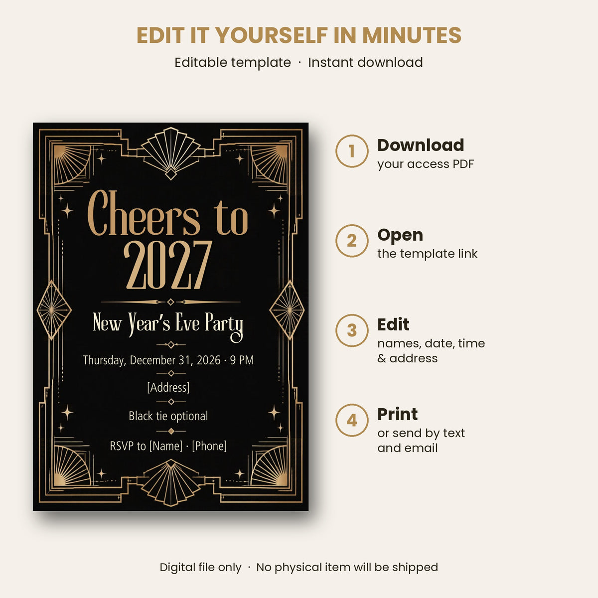 Cheers to 2027 Art Deco New Year's Eve Invitation – Editable Canva Template