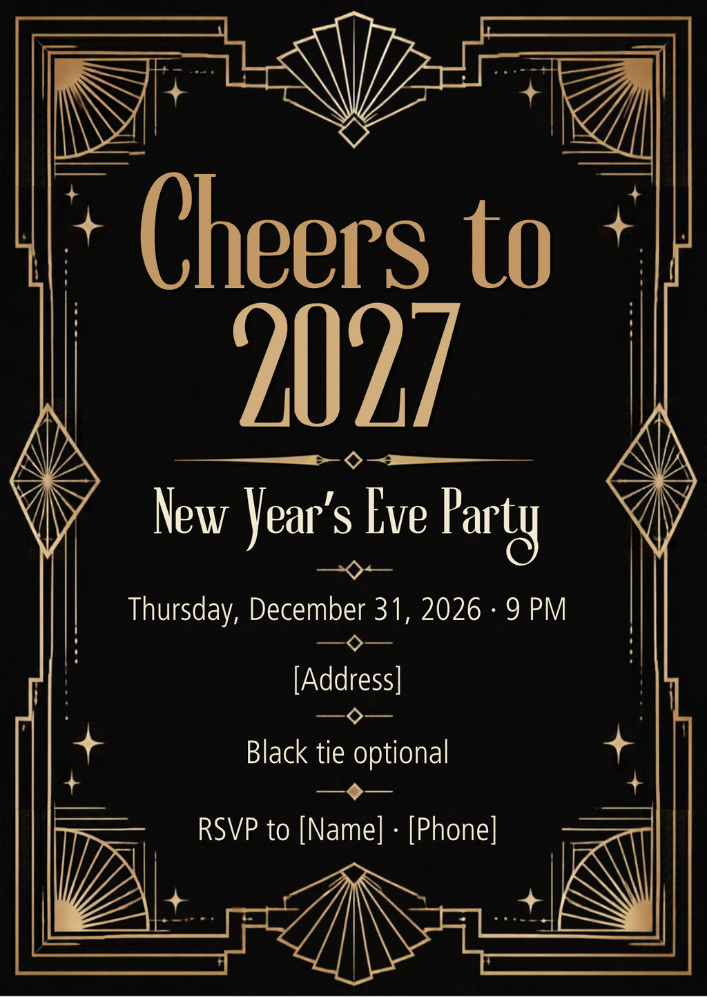 Cheers to 2027 Art Deco New Year's Eve Invitation – Editable Canva Template