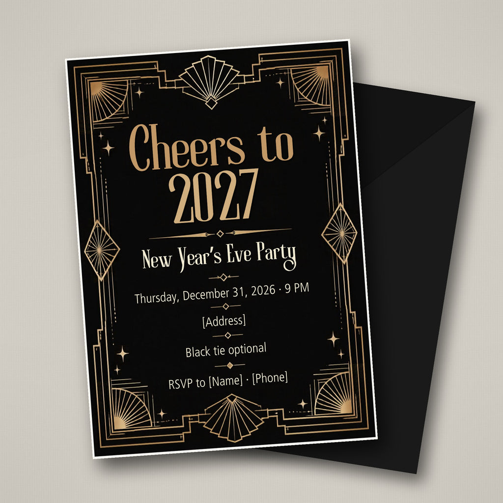 Cheers to 2027 Art Deco New Year's Eve Invitation – Editable Canva Template