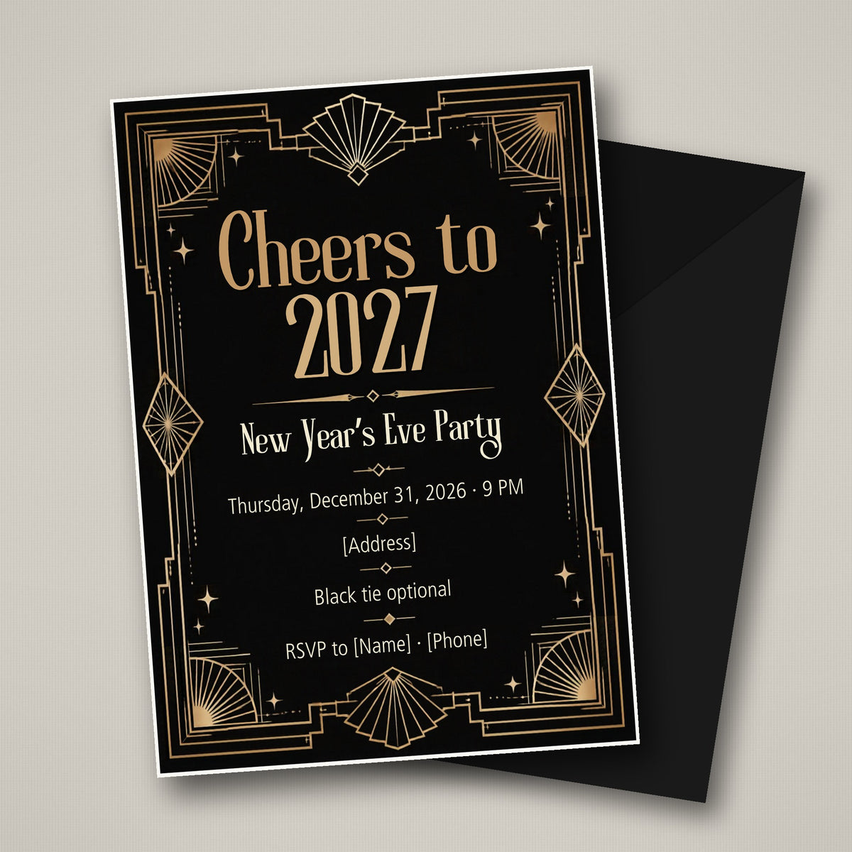 Cheers to 2027 Art Deco New Year's Eve Invitation – Editable Canva Template