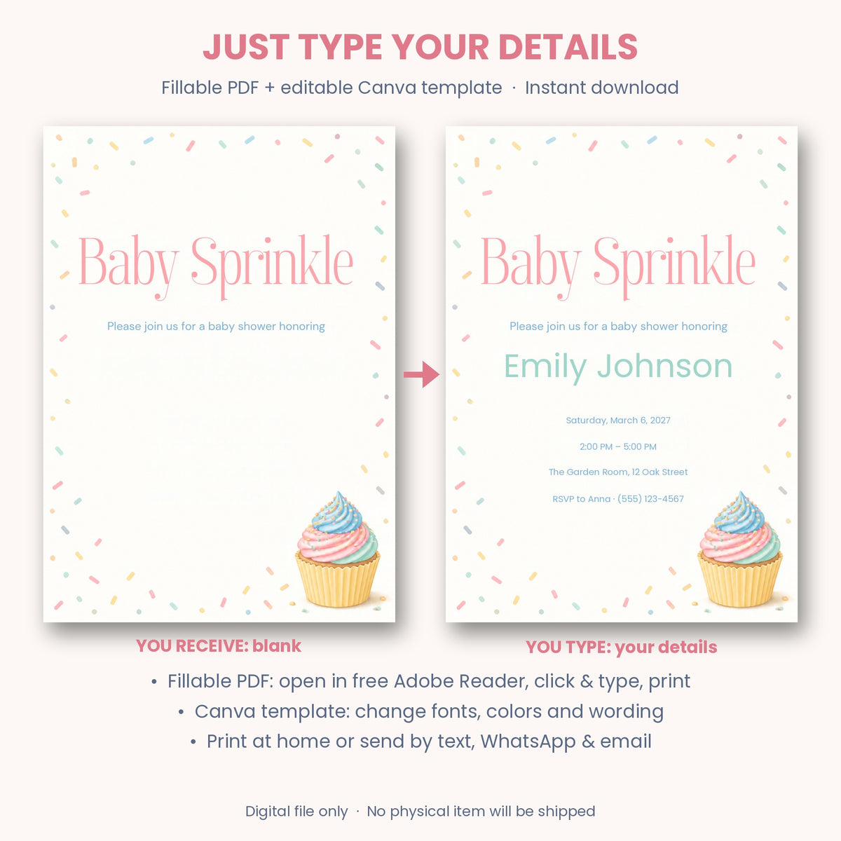 Baby Sprinkle Invitation – Fillable PDF & Editable Canva Template