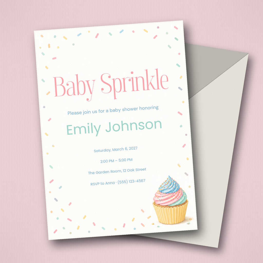 Baby Sprinkle Invitation – Fillable PDF & Editable Canva Template