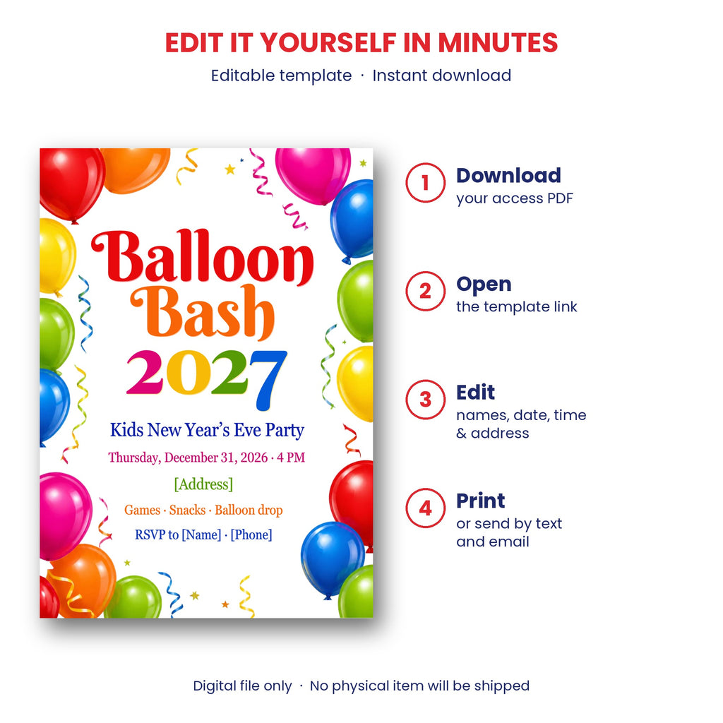 Balloon Bash 2027 Kids New Year's Eve Party Invitation – Editable Canva Template