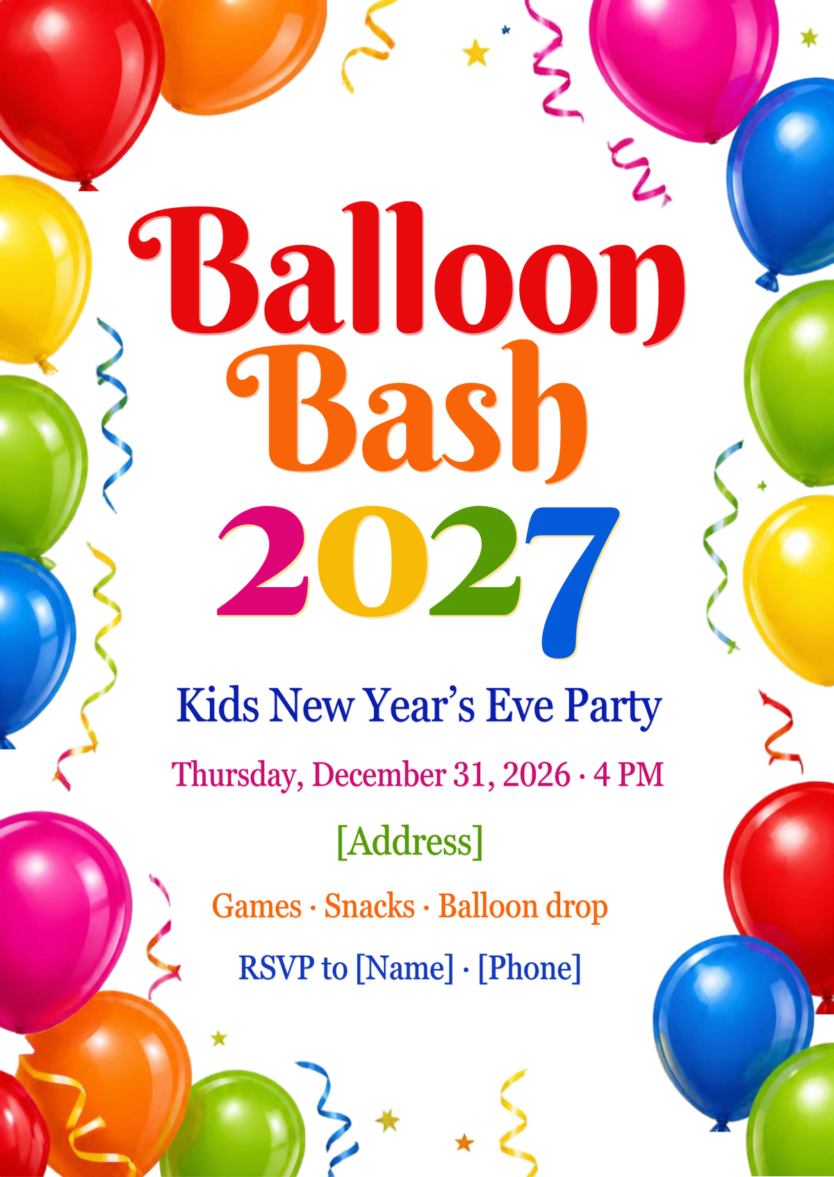Balloon Bash 2027 Kids New Year's Eve Party Invitation – Editable Canva Template