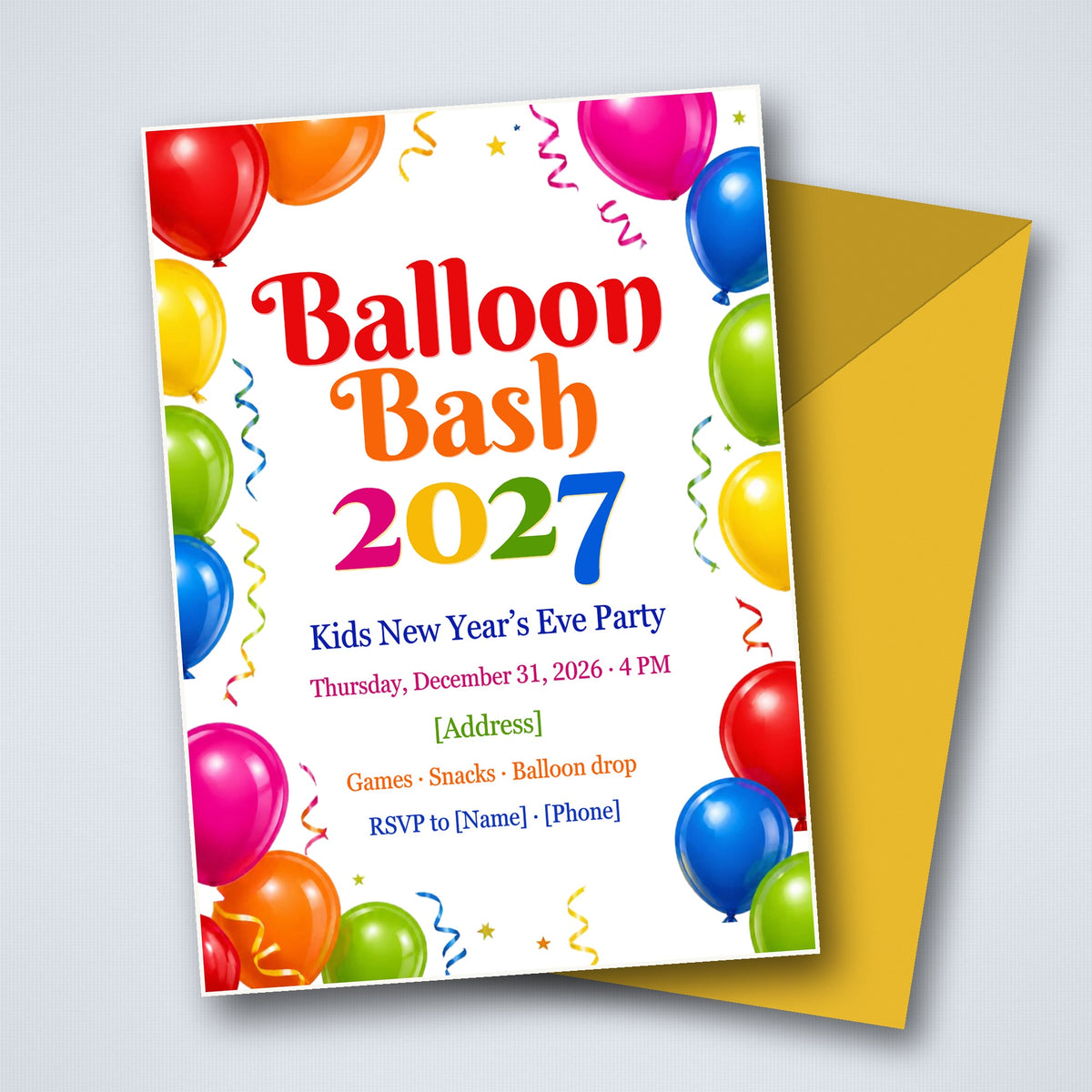 Balloon Bash 2027 Kids New Year's Eve Party Invitation – Editable Canva Template