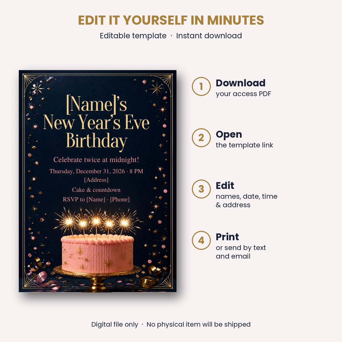 New Year's Eve Birthday Party Invitation – Editable Canva Template