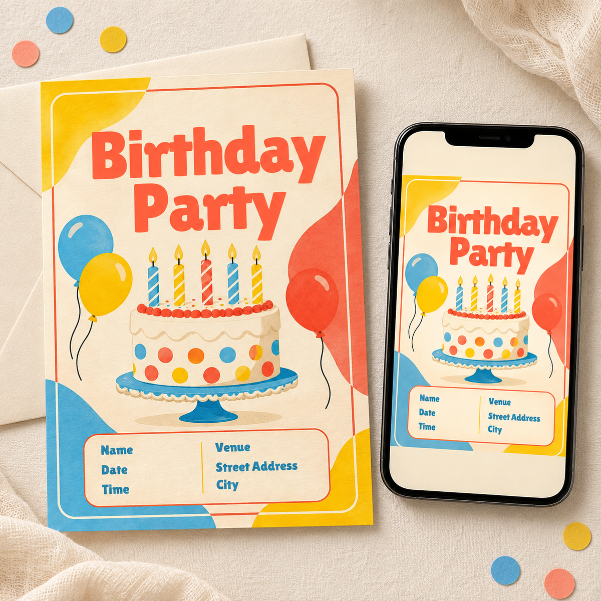 Birthday Wishes cake and balloons party invitation – editable Canva template, 5x7