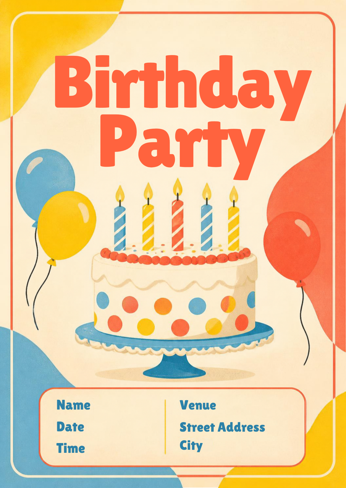 Birthday Wishes cake and balloons party invitation – editable Canva template, 5x7 on phone and print