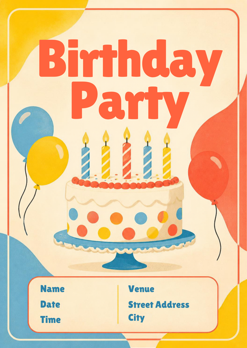 Birthday Wishes cake and balloons party invitation – editable Canva template, 5x7 on phone and print