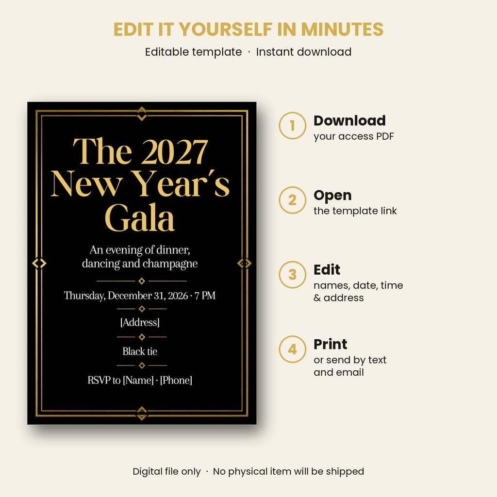 Black & Gold New Year's Eve Gala Invitation – Editable Canva Template