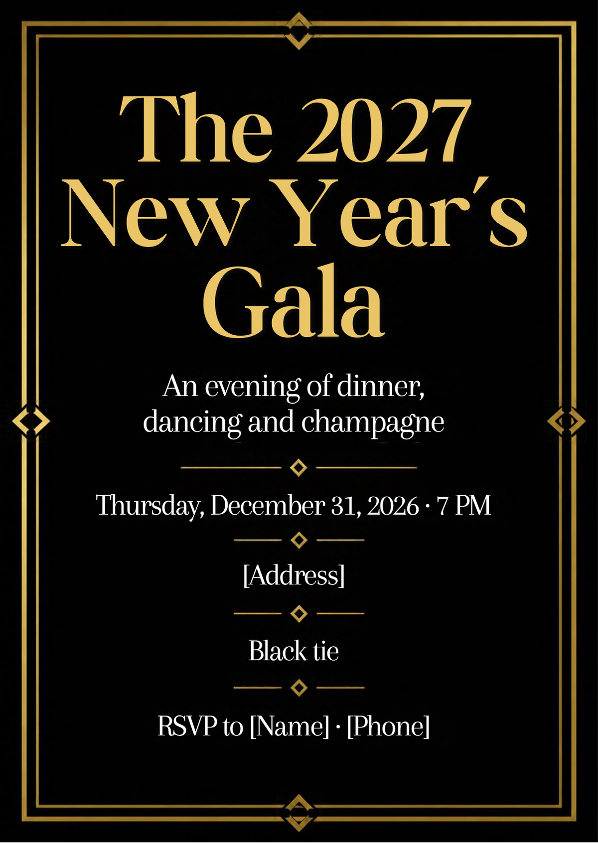 Black & Gold New Year's Eve Gala Invitation – Editable Canva Template