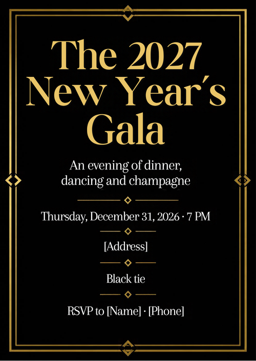 Black & Gold New Year's Eve Gala Invitation – Editable Canva Template