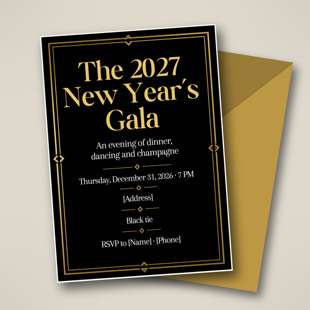 Black & Gold New Year's Eve Gala Invitation – Editable Canva Template