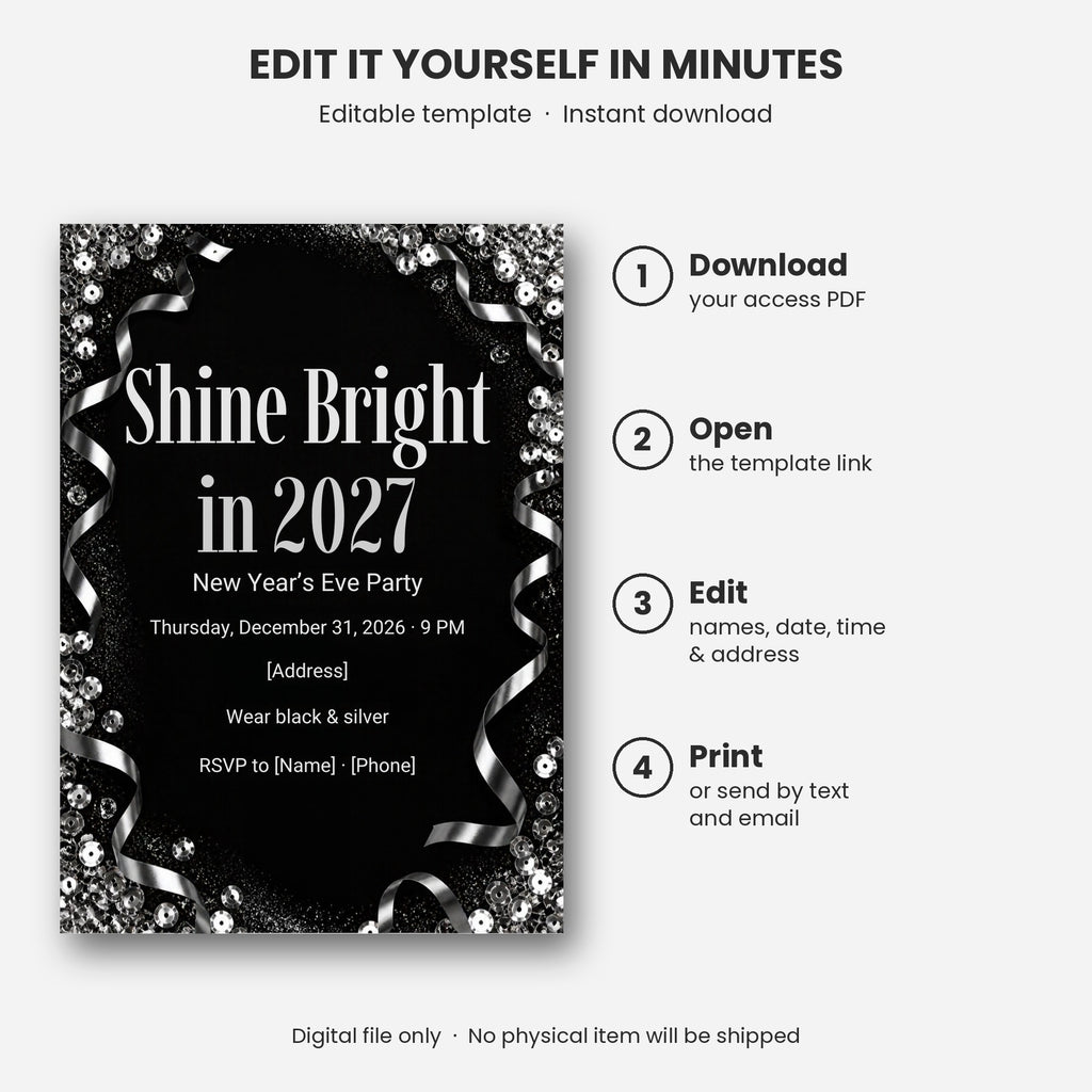 Shine Bright in 2027 Black and Silver New Year's Eve Invitation – Editable Canva Template