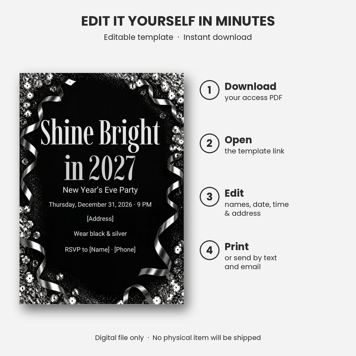 Shine Bright in 2027 Black and Silver New Year's Eve Invitation – Editable Canva Template