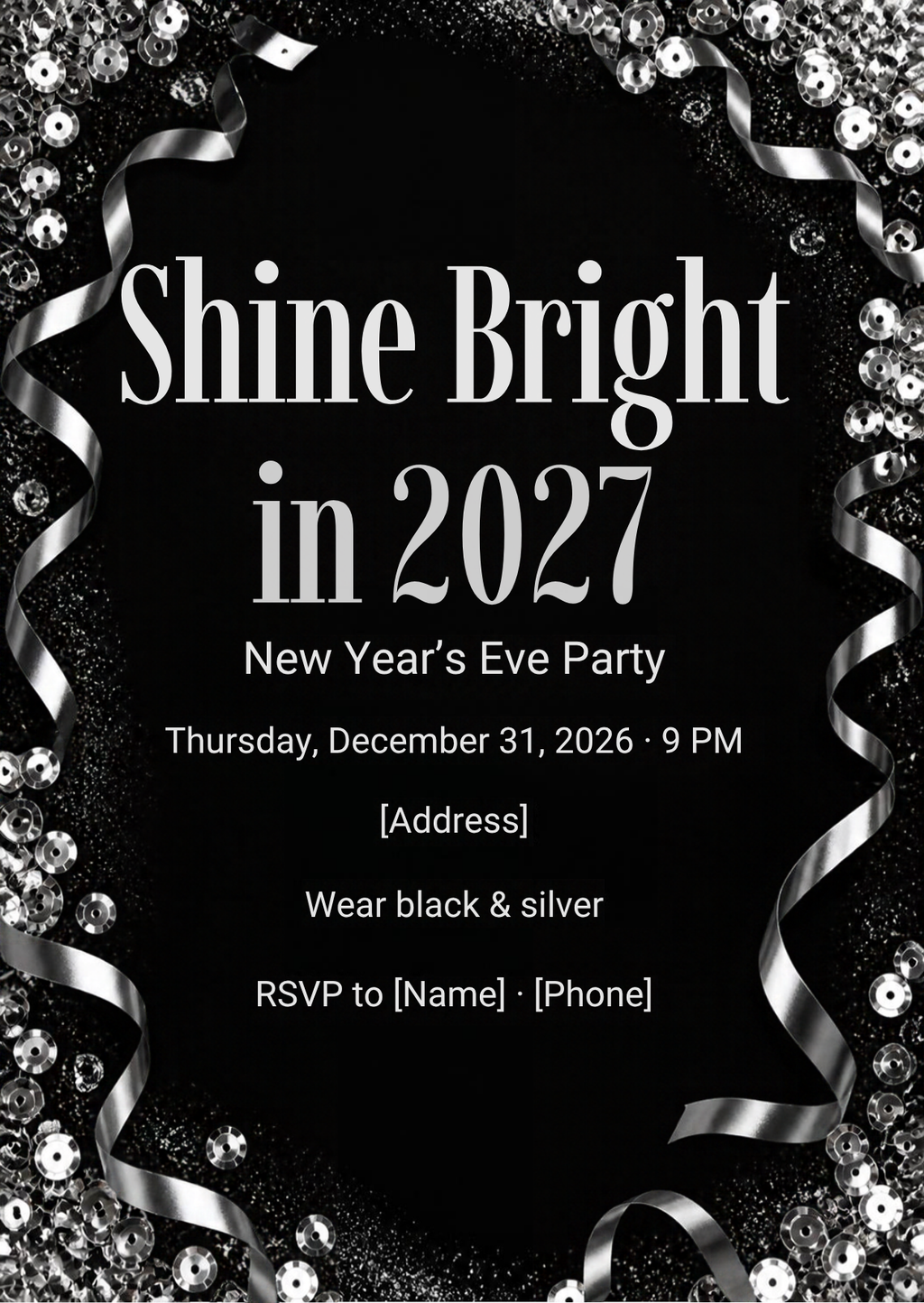 Shine Bright in 2027 Black and Silver New Year's Eve Invitation – Editable Canva Template