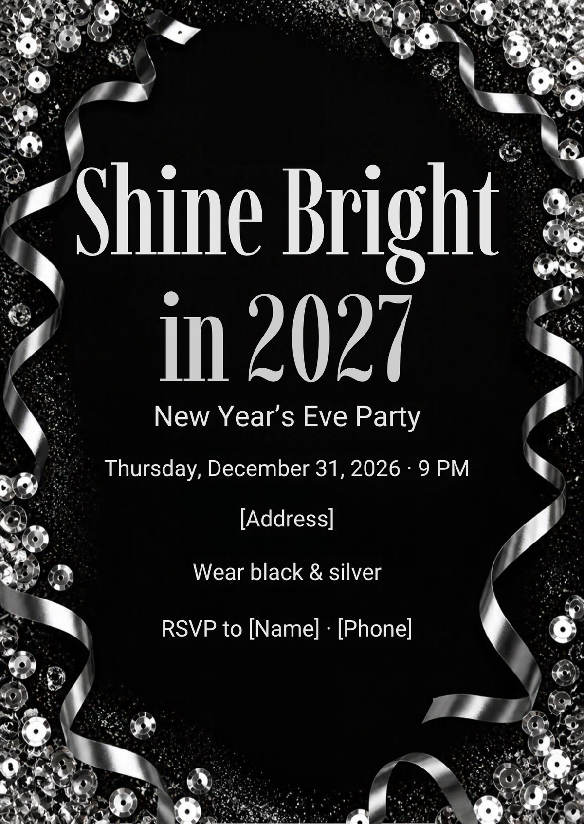Shine Bright in 2027 Black and Silver New Year's Eve Invitation – Editable Canva Template