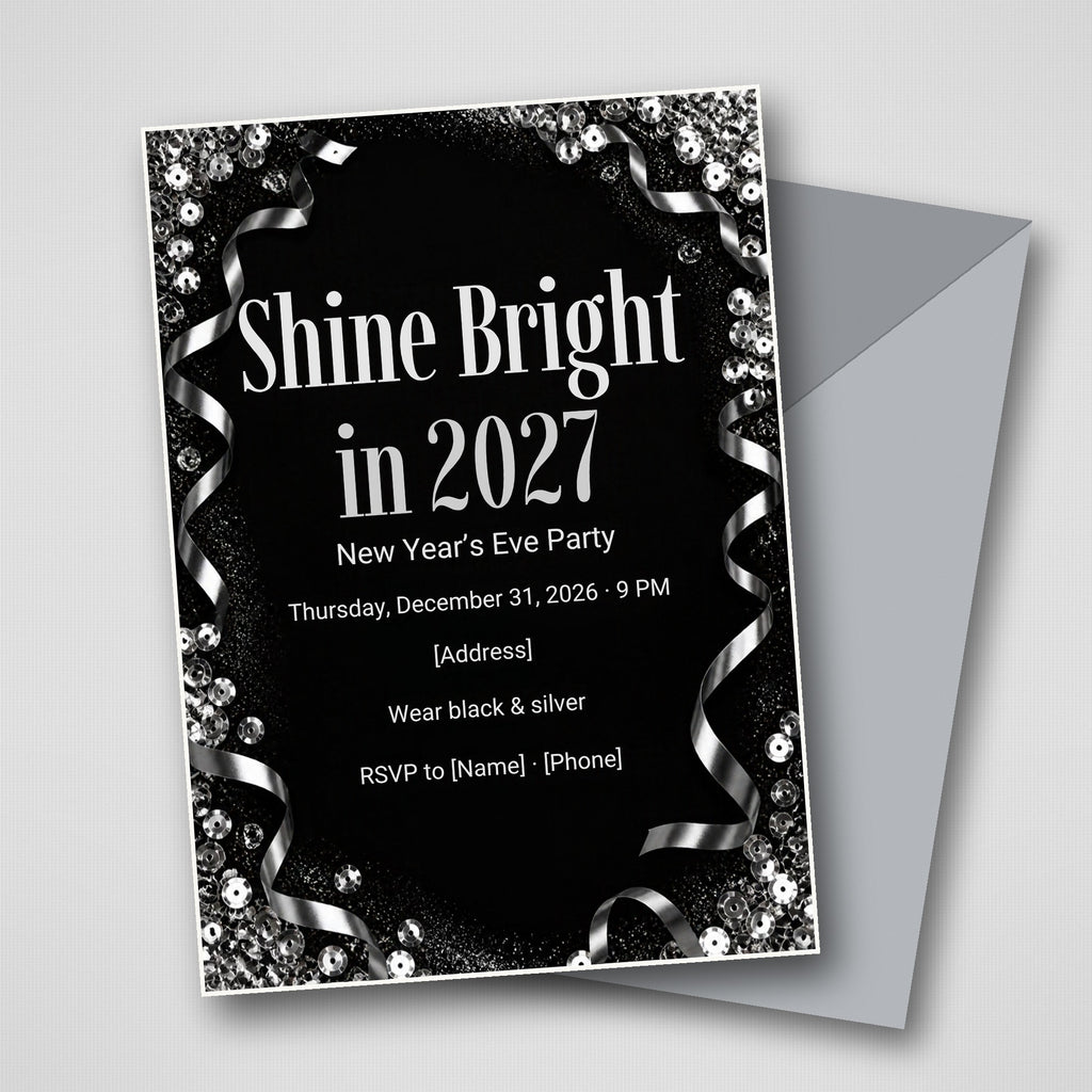 Shine Bright in 2027 Black and Silver New Year's Eve Invitation – Editable Canva Template