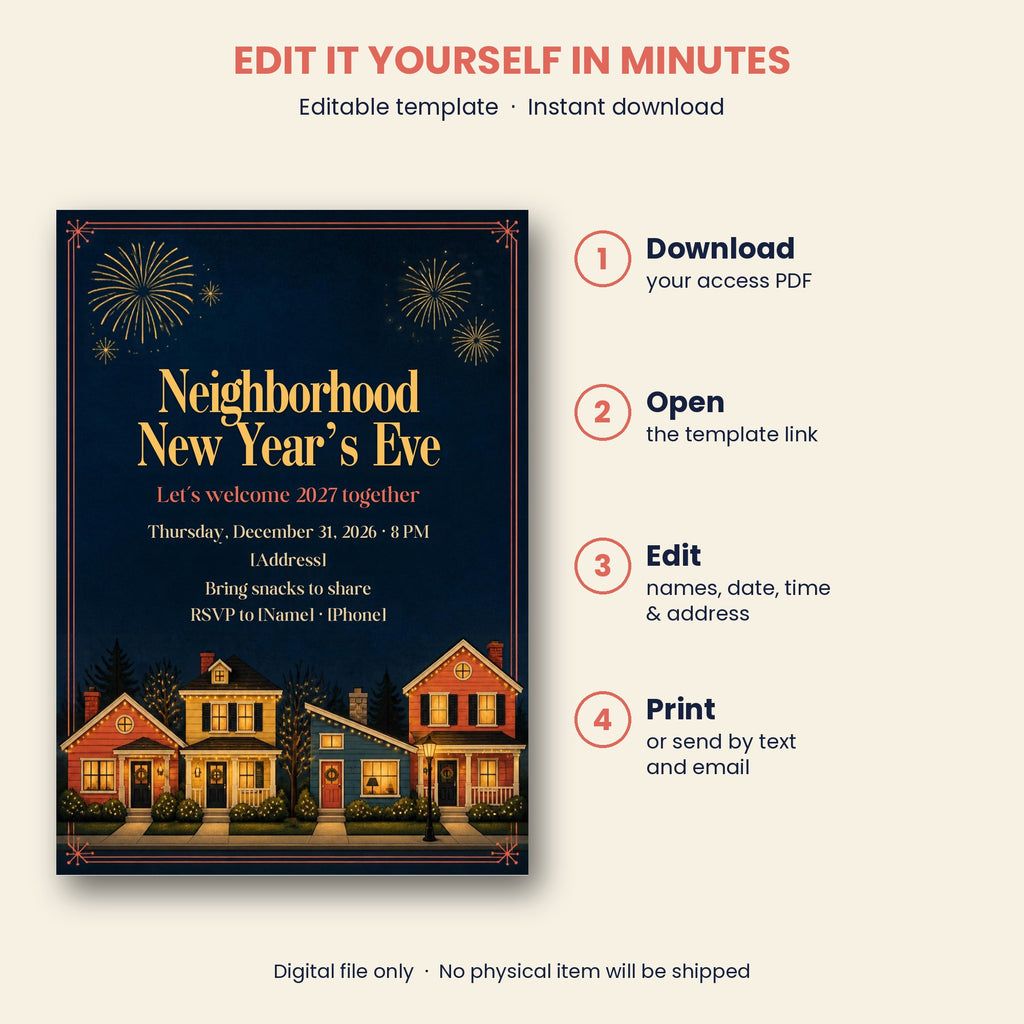 Neighborhood New Year's Eve Block Party Invitation – Editable Canva Template