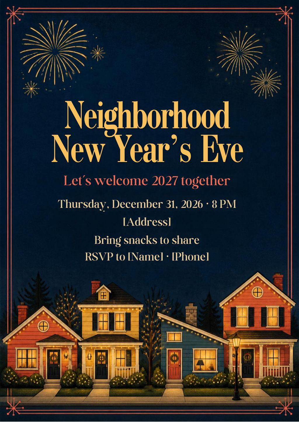 Neighborhood New Year's Eve Block Party Invitation – Editable Canva Template