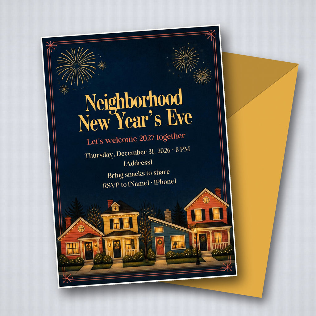 Neighborhood New Year's Eve Block Party Invitation – Editable Canva Template