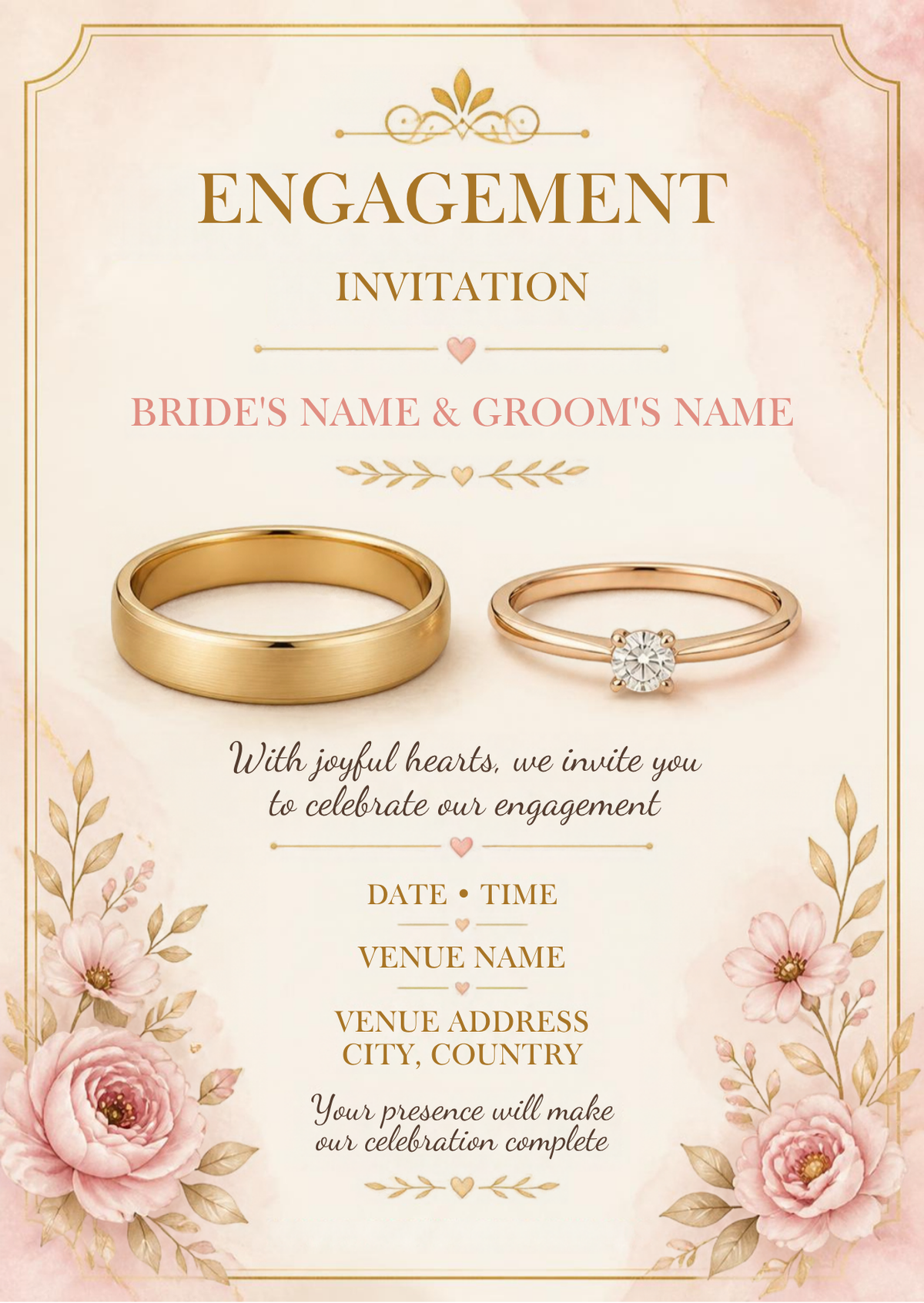 Blush Promise pink floral engagement invitation – editable Canva template, 5x7 on phone and print
