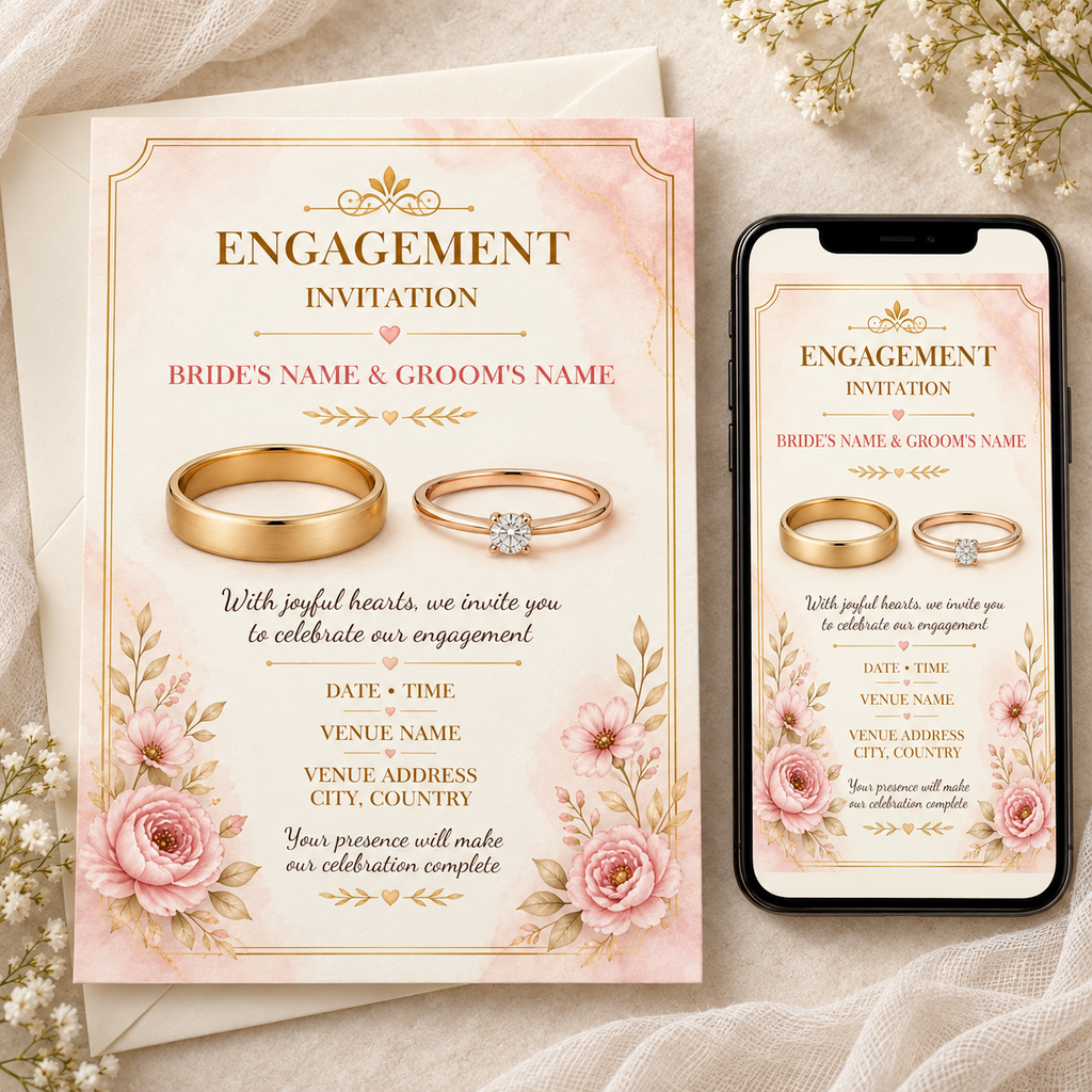 Blush Promise pink floral engagement invitation – editable Canva template, 5x7