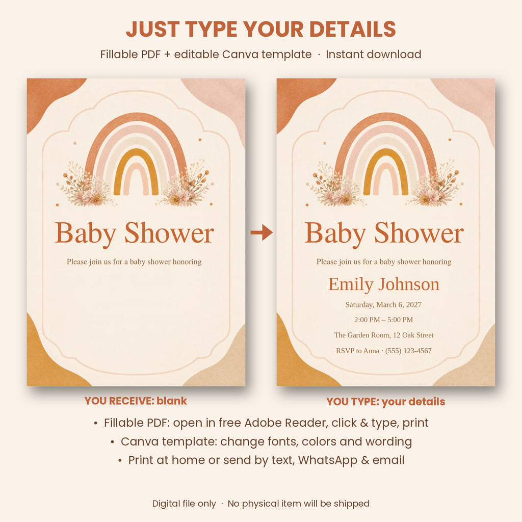 Boho Rainbow Baby Shower Invitation – Fillable PDF & Editable Canva Template