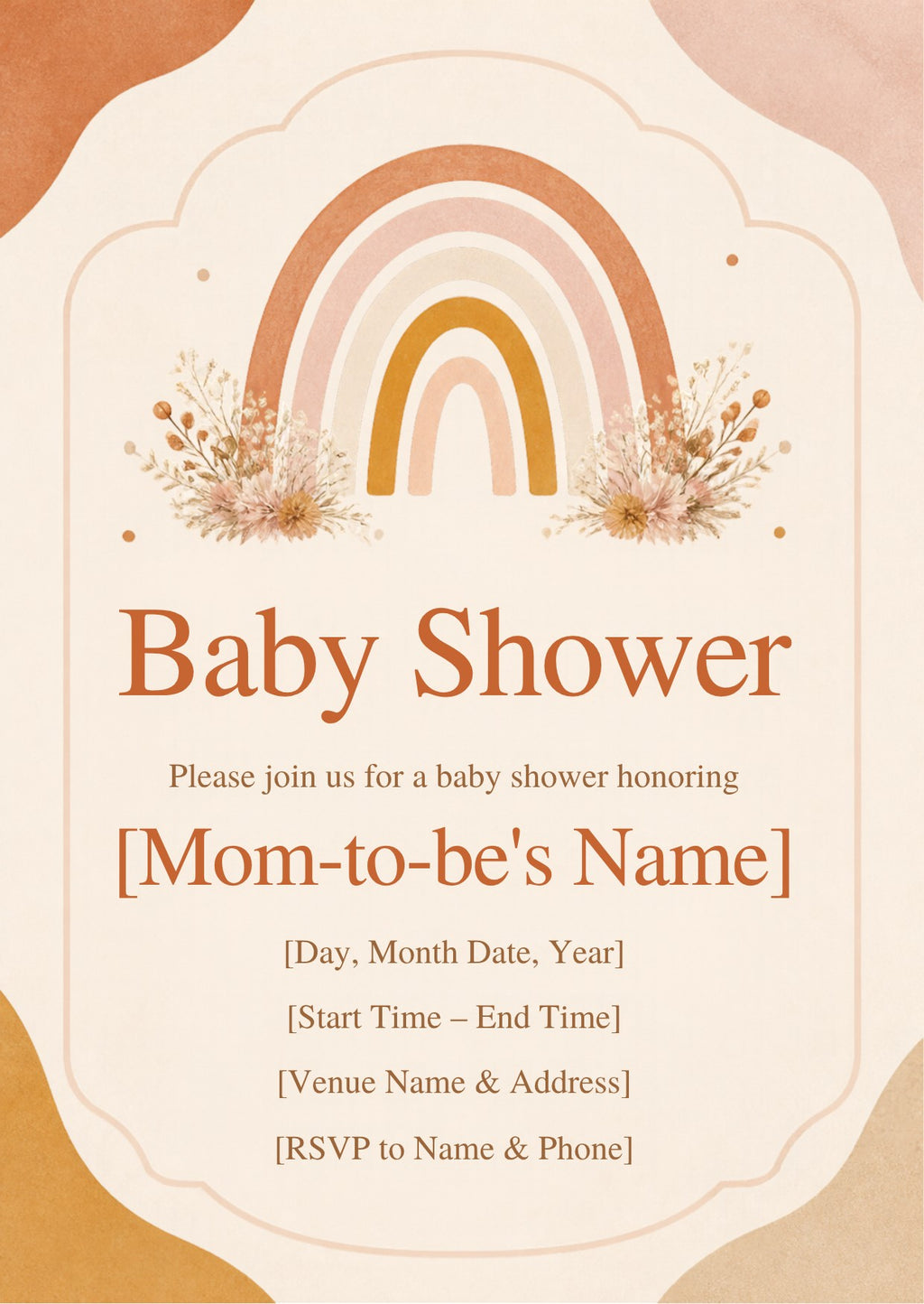 Boho Rainbow Baby Shower Invitation – Fillable PDF & Editable Canva Template