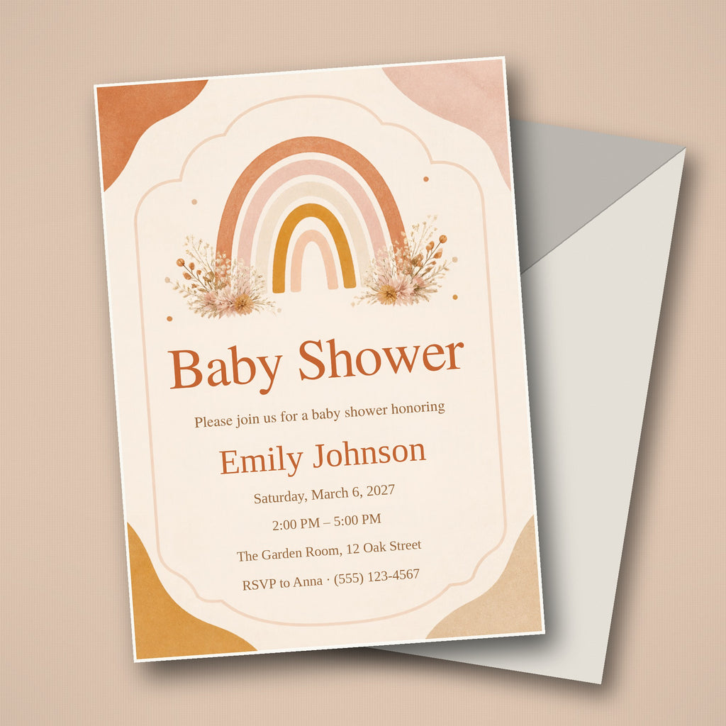 Boho Rainbow Baby Shower Invitation – Fillable PDF & Editable Canva Template