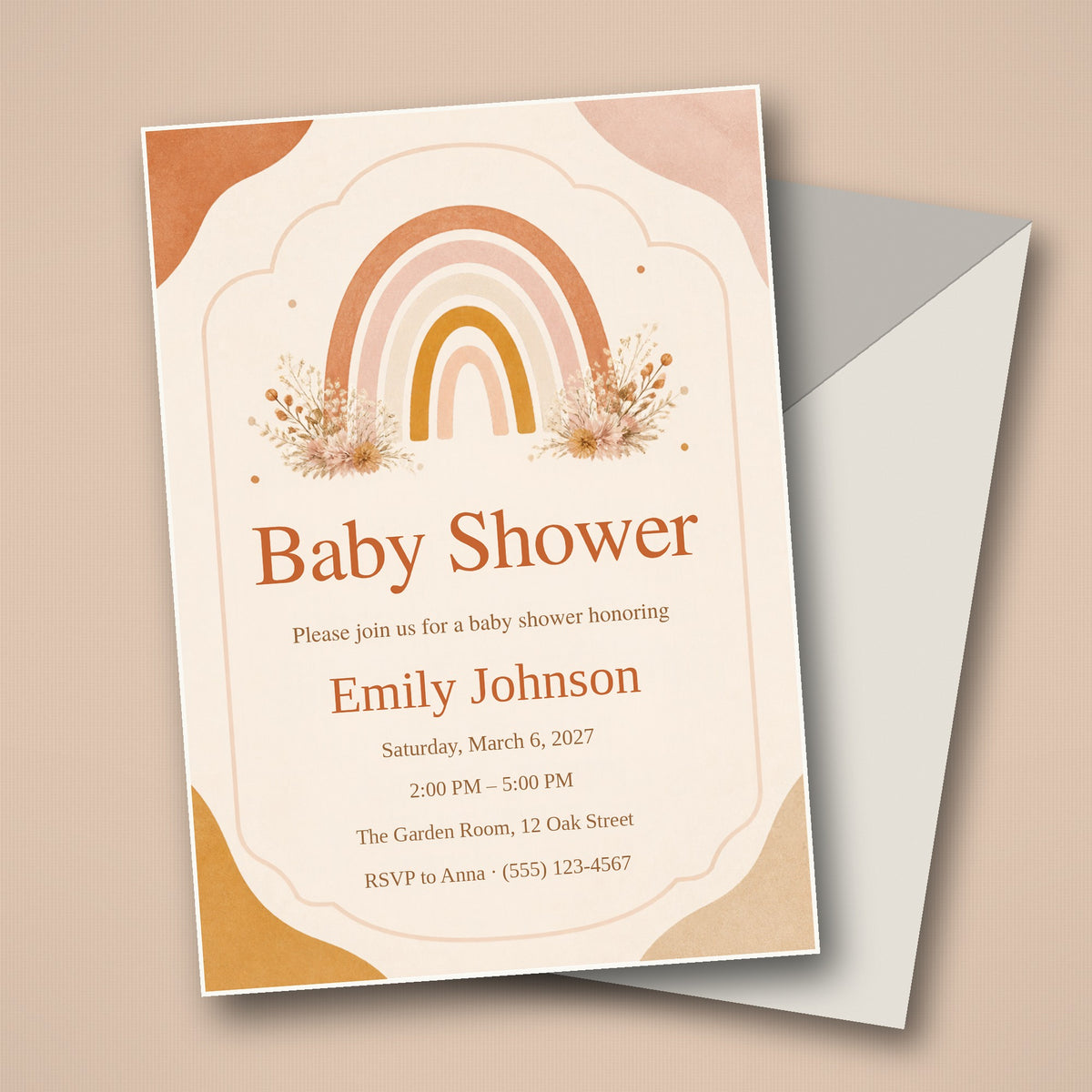 Boho Rainbow Baby Shower Invitation – Fillable PDF & Editable Canva Template