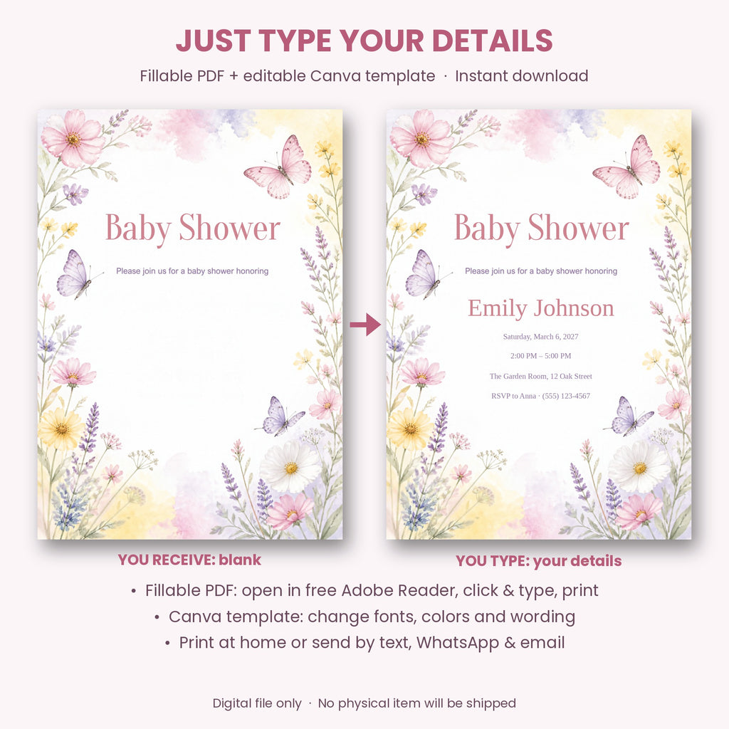 Pink Butterfly Garden Baby Shower Invitation – Fillable PDF & Editable Canva Template