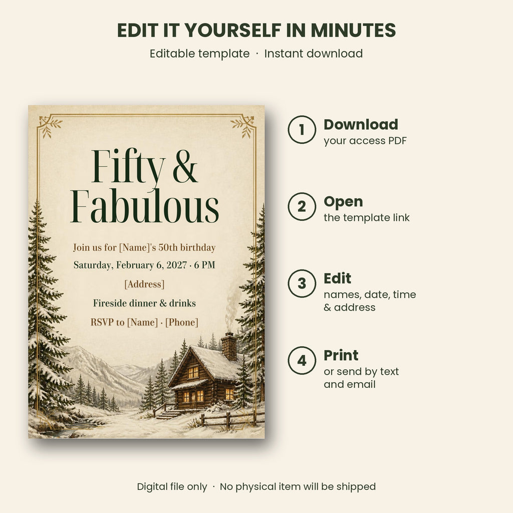 Fifty and Fabulous Cozy Cabin 50th Birthday Invitation – Editable Canva Template