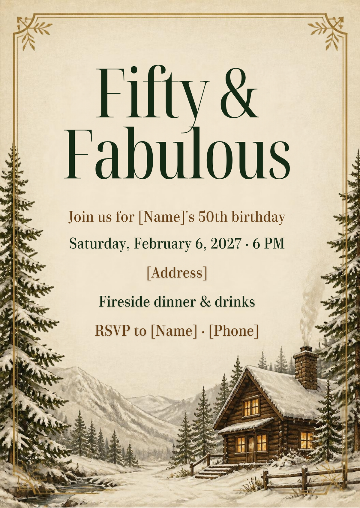 Fifty and Fabulous Cozy Cabin 50th Birthday Invitation – Editable Canva Template