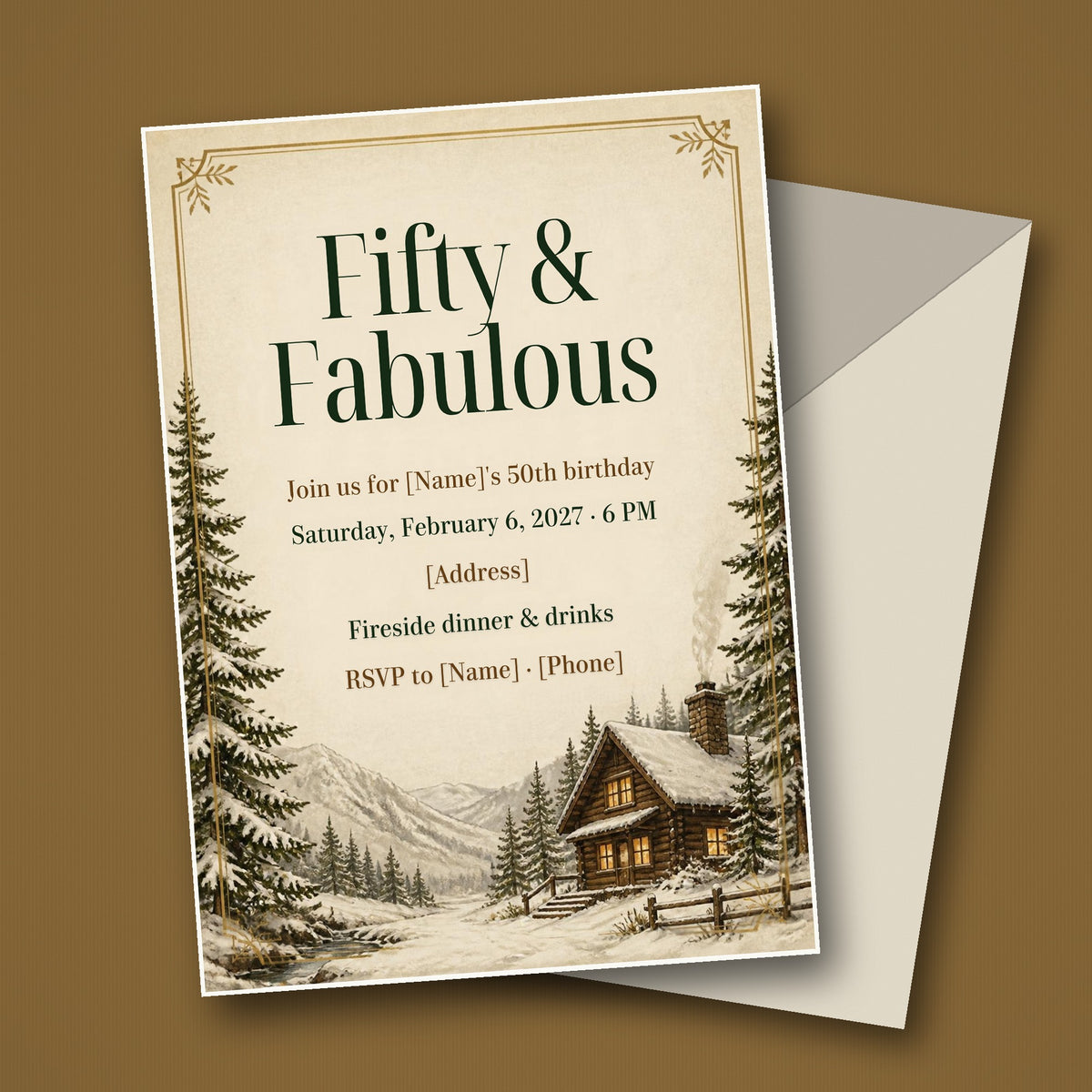 Fifty and Fabulous Cozy Cabin 50th Birthday Invitation – Editable Canva Template
