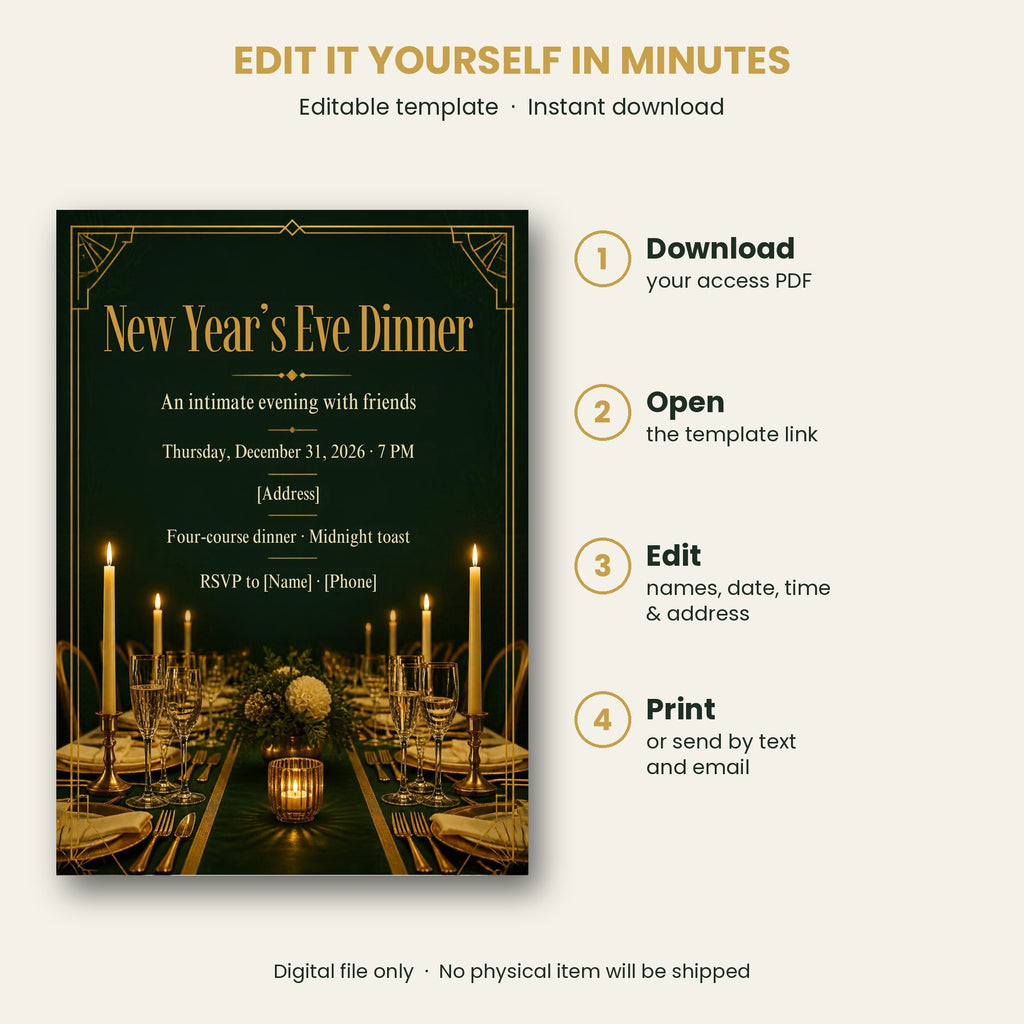 Candlelit Green & Gold New Year's Eve Dinner Invitation – Editable Canva Template