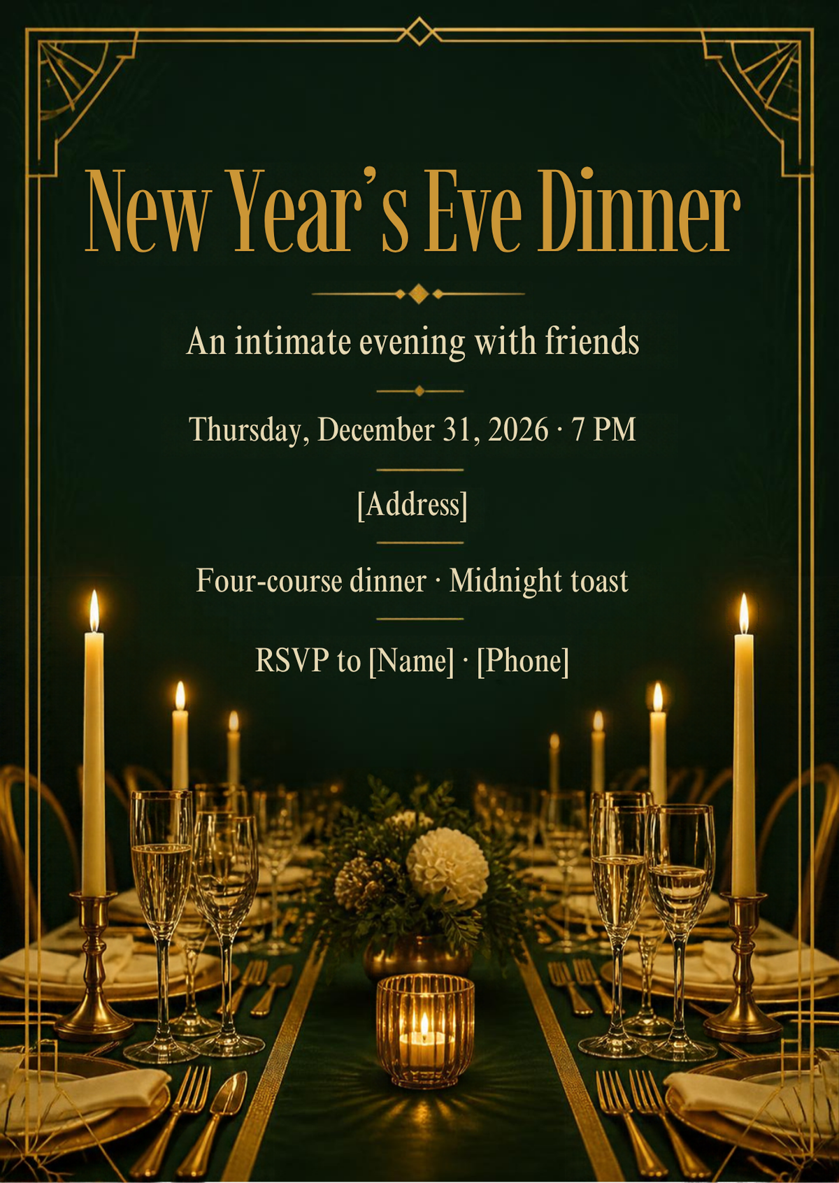 Candlelit Green & Gold New Year's Eve Dinner Invitation – Editable Canva Template